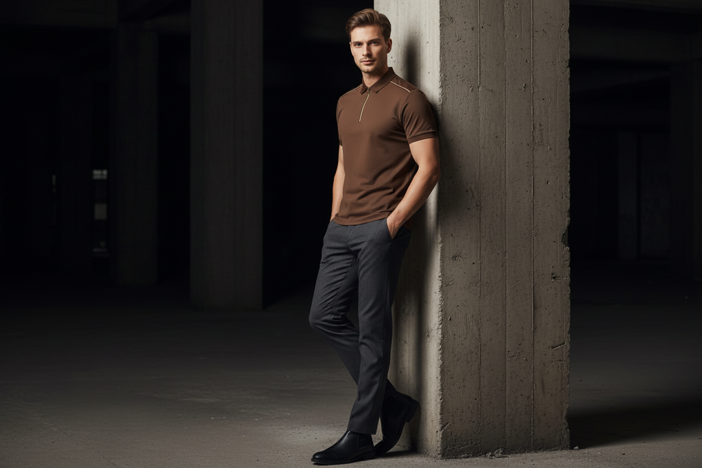 Stylish male model - brown half-zip polo aesthetic pose