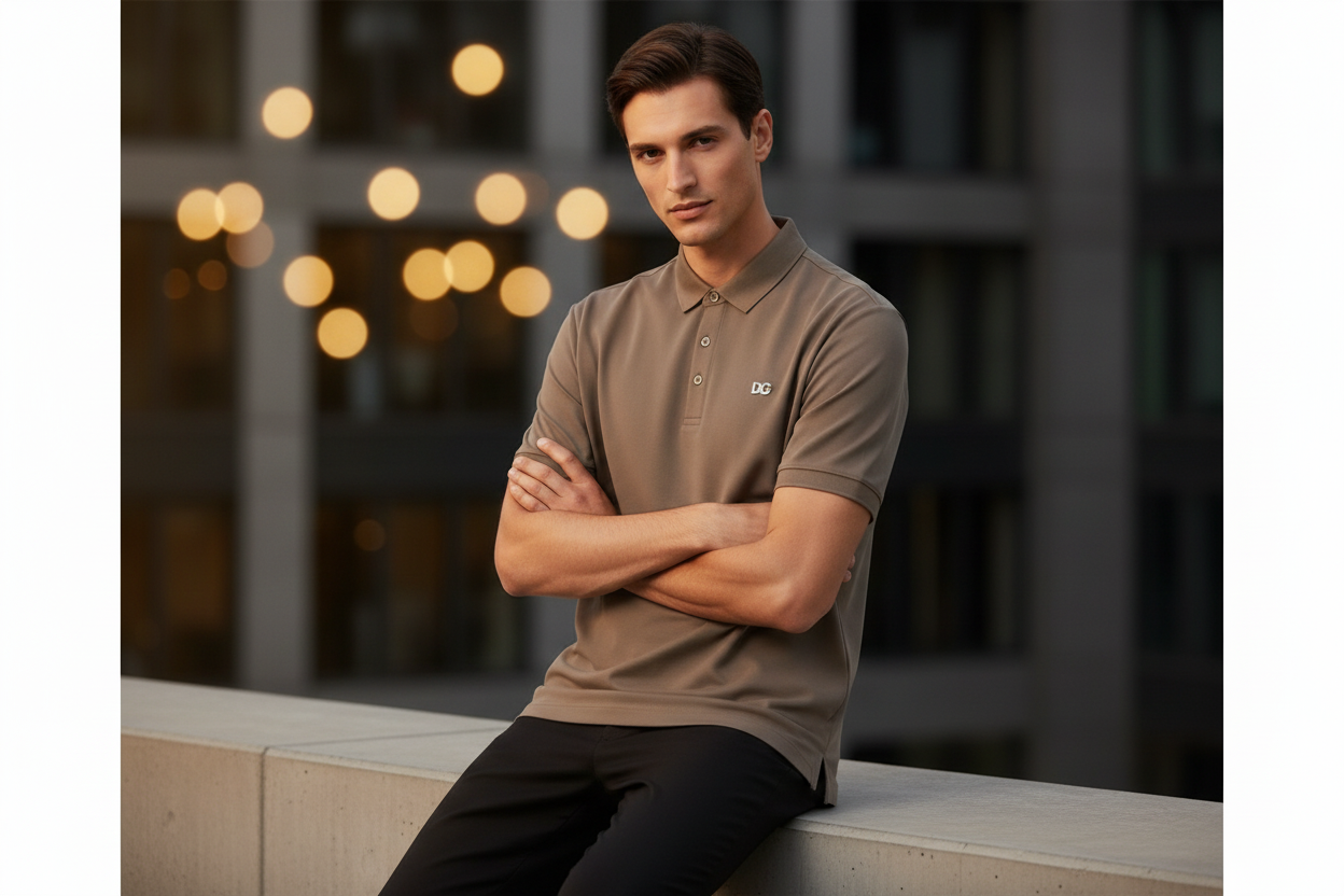 Stylish male model - taupe DG polo editorial pose