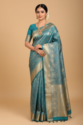 Teal Blue Banarasi Silk Saree - Model Wearing