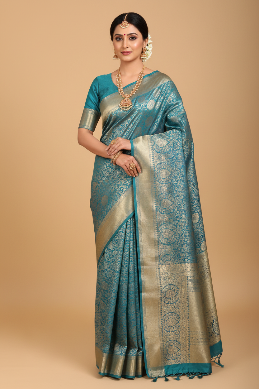 Teal Blue Banarasi Silk Saree - Model Wearing