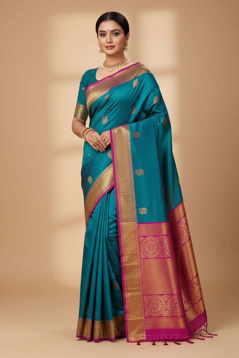 Teal Blue & Magenta Silk Saree Model