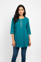 Teal Kurti with Jeans - Front