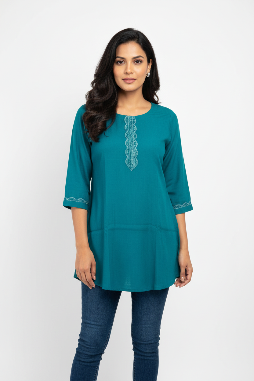 Teal Kurti with Jeans - Front