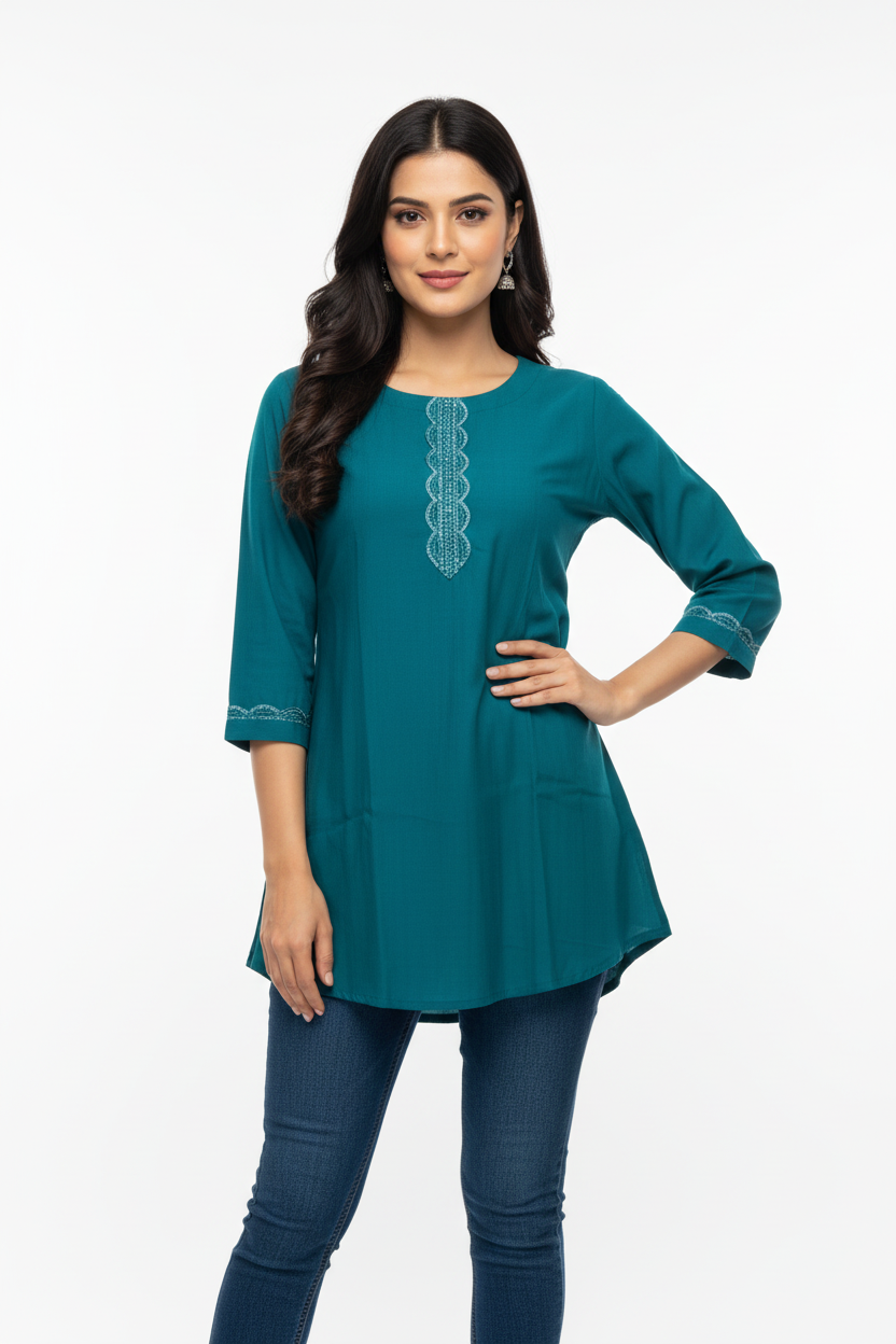 Teal Kurti with Jeans - Hand on Hip