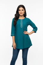 Teal Kurti with Jeans - Hand on Hip