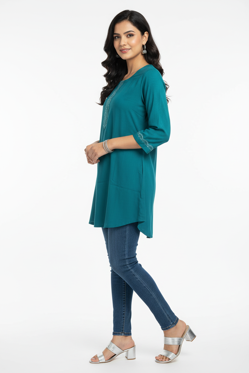 Teal Kurti with Jeans - Walking