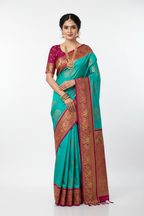 Teal & Magenta Elephant Motif Silk Saree Model