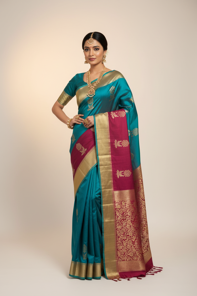 Teal & Magenta Silk Saree on Model