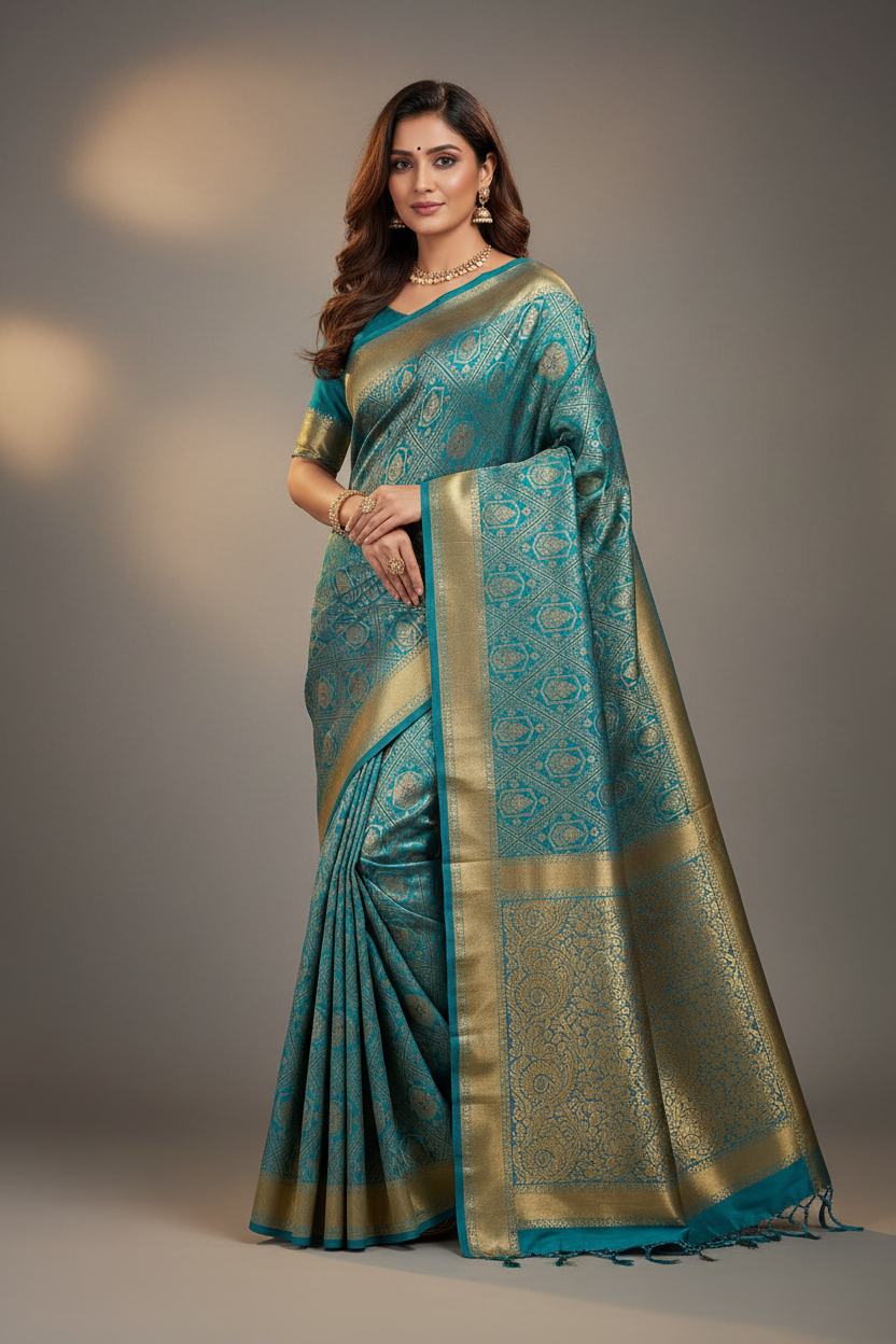 Teal Peacock Blue Banarasi Saree Model