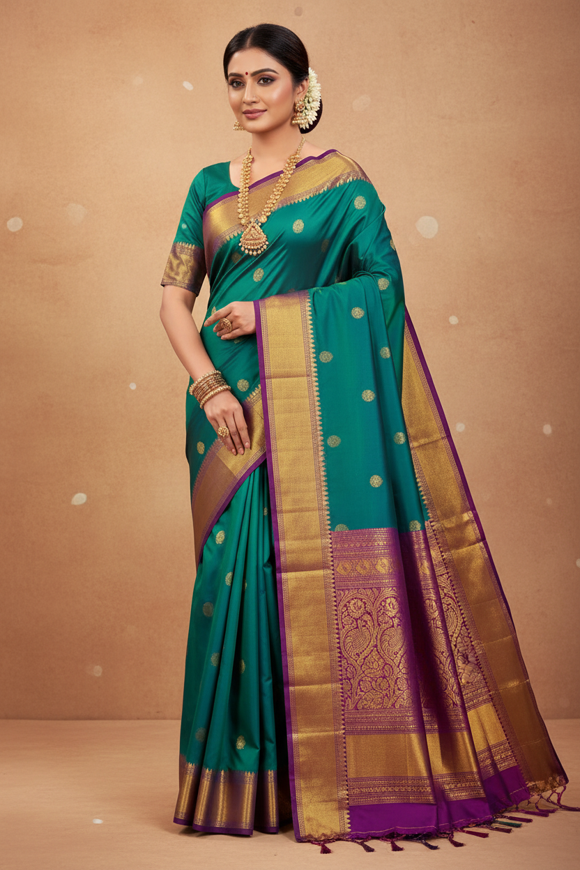 Teal & Purple Kanchipuram Silk Saree Model