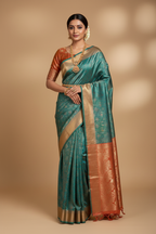 Teal & Rust Kanchipuram Saree on Model