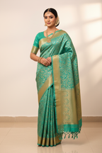 Turquoise & Antique Gold Banarasi Silk Saree - Model Wearing