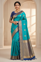 Turquoise & Royal Blue Kanchipuram Saree on Model