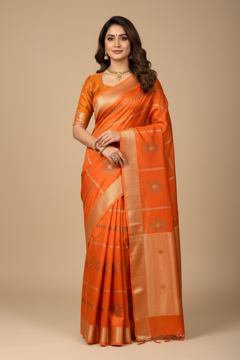 Vibrant Orange Silk Saree with Gold Zari Stripes