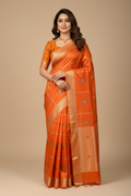 Vibrant Orange Silk Saree with Gold Zari Stripes