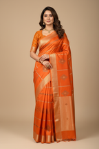 Vibrant Orange Silk Saree with Gold Zari Stripes