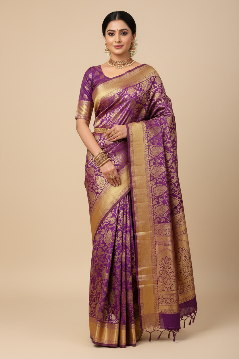 Violet & Antique Gold Kanjivaram Saree on Model