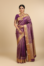 Violet & Antique Gold Kanjivaram Saree on Model