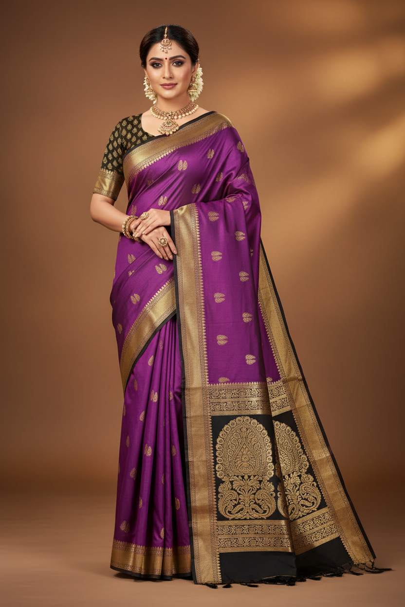 Violet & Black Mysore Silk Saree - Ad Model Shot
