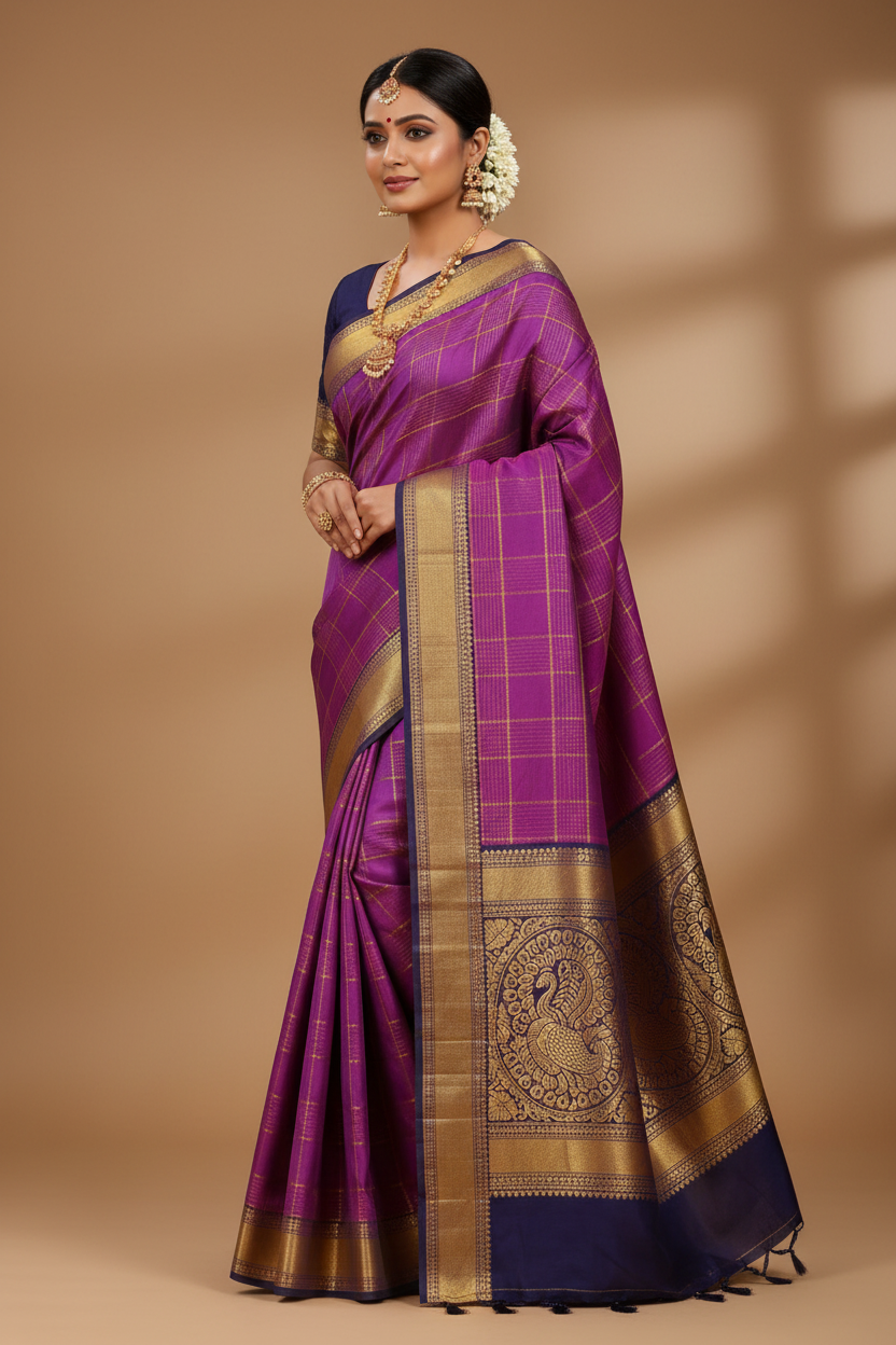 Violet & Navy Blue Silk Saree Model