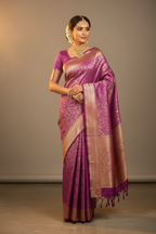 Violet Purple & Antique Gold Banarasi Silk Saree - Model Wearing