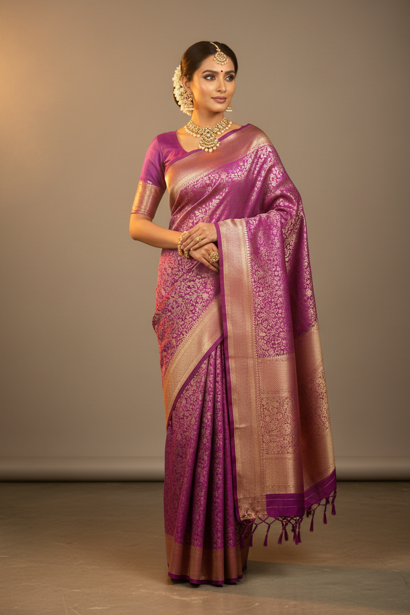 Violet Purple & Antique Gold Banarasi Silk Saree - Model Wearing
