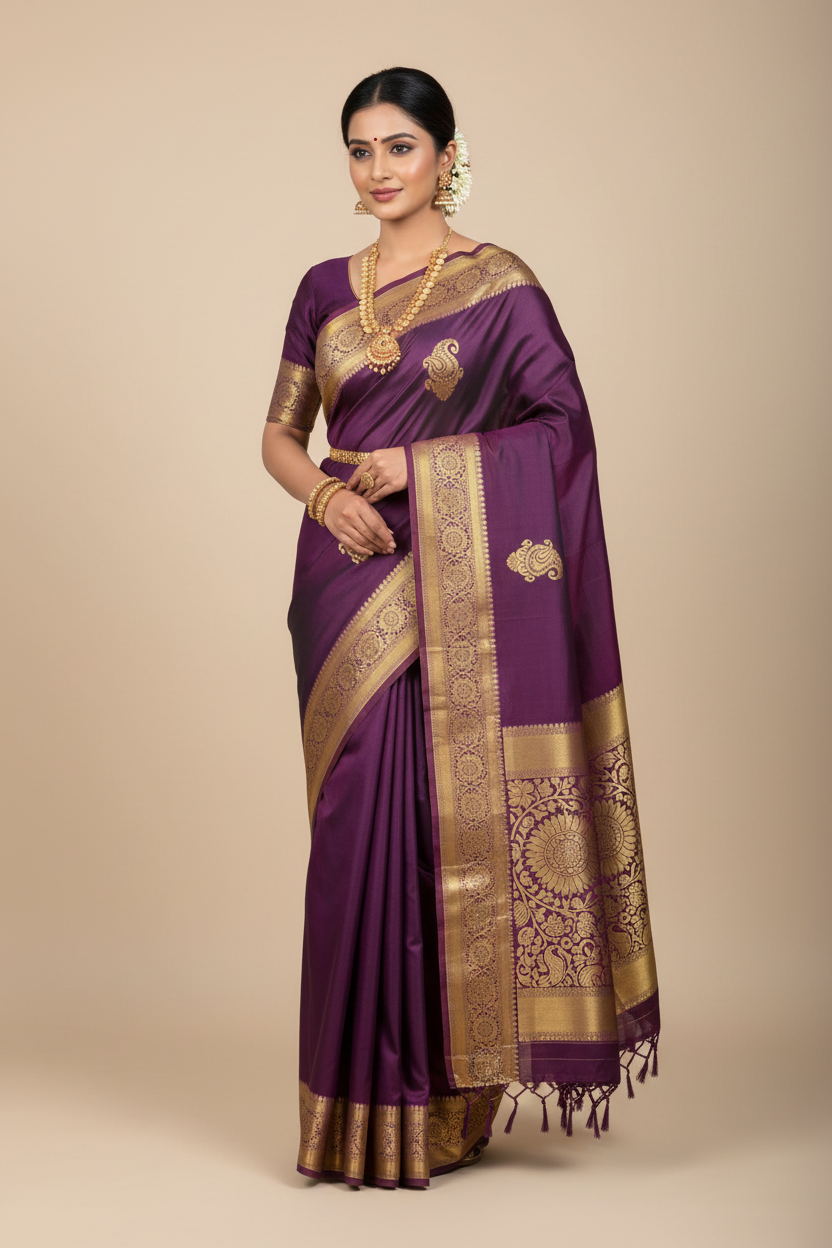 Violet Purple Kanjivaram Silk Saree on Model