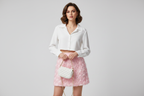White Cropped Shirt & Pink 3D Rose Skirt on Model