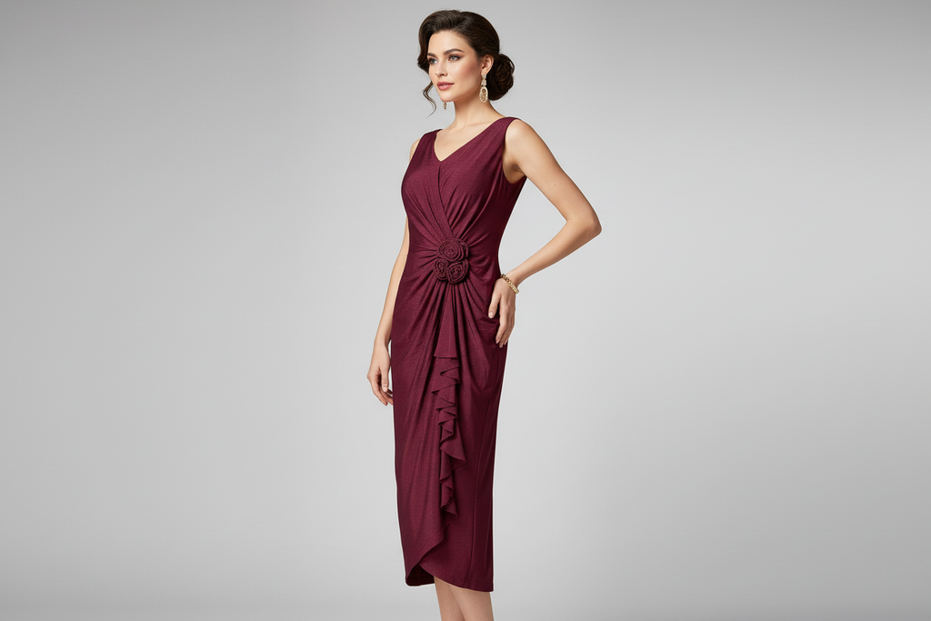 Wine Burgundy Rosette Draped Dress on Model