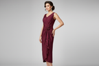 Wine Burgundy Rosette Draped Dress on Model