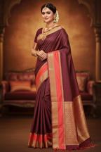 Wine & Coral Mysore Silk Saree - Ad Model Shot