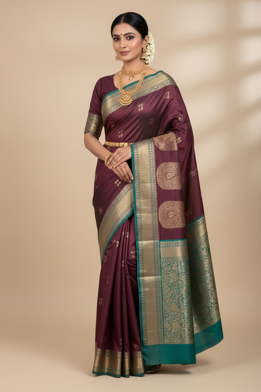 Wine Purple Kanjivaram Silk Saree on Model