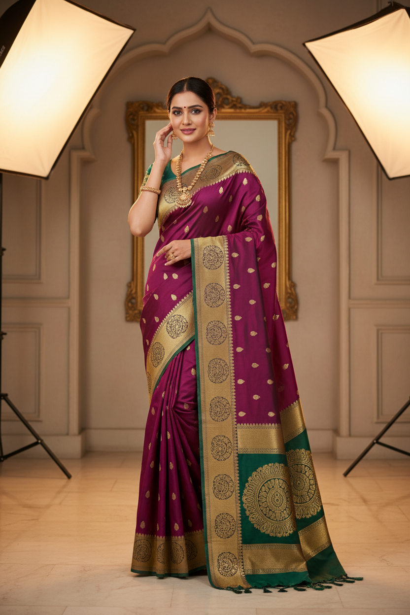 Wine Purple & Teal Kanchipuram Saree on Model