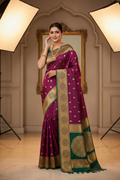 Wine Purple & Teal Kanchipuram Saree on Model
