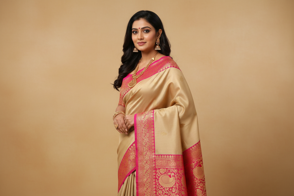 Woman wearing beige silk saree with magenta pink gold zari peacock border