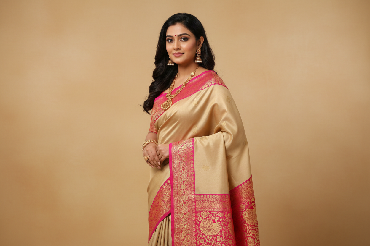 Woman wearing beige silk saree with magenta pink gold zari peacock border