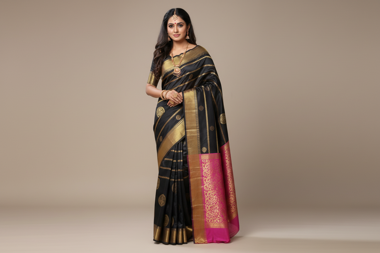 Woman wearing black saree with gold stripe bands and magenta pink zari border