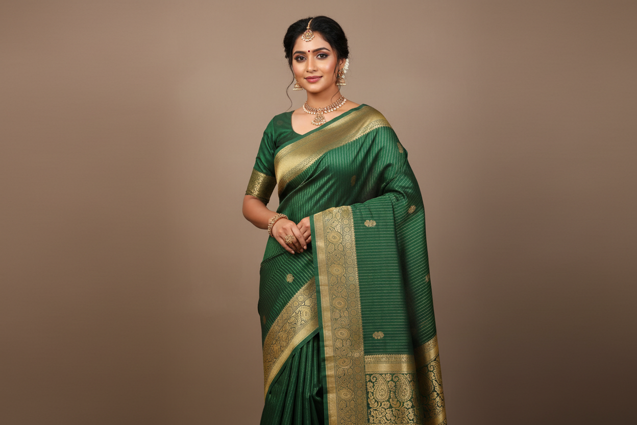 Woman wearing bottle green silk saree with gold paisley zari border