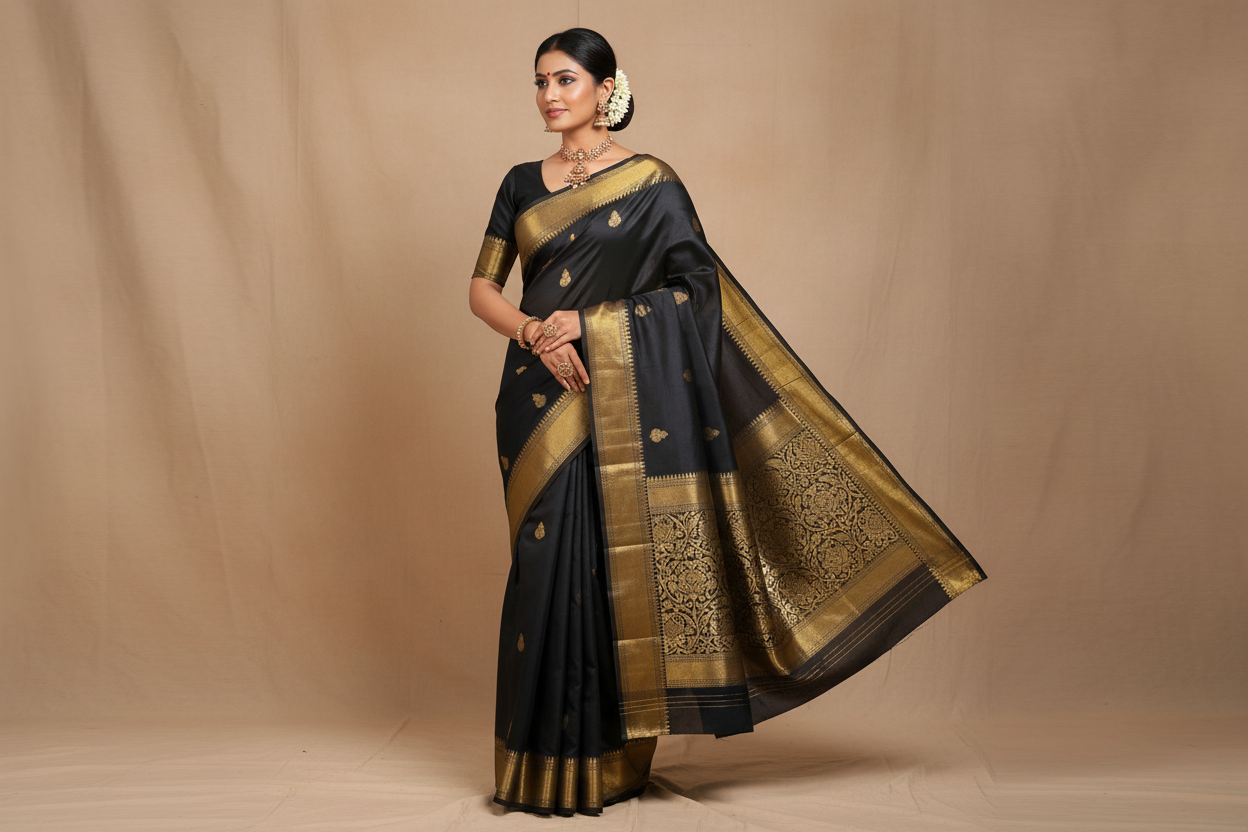 Woman wearing charcoal black saree with antique gold floral vine zari border