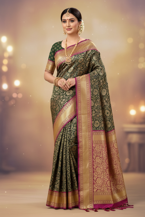 Woman wearing dark green Banarasi saree