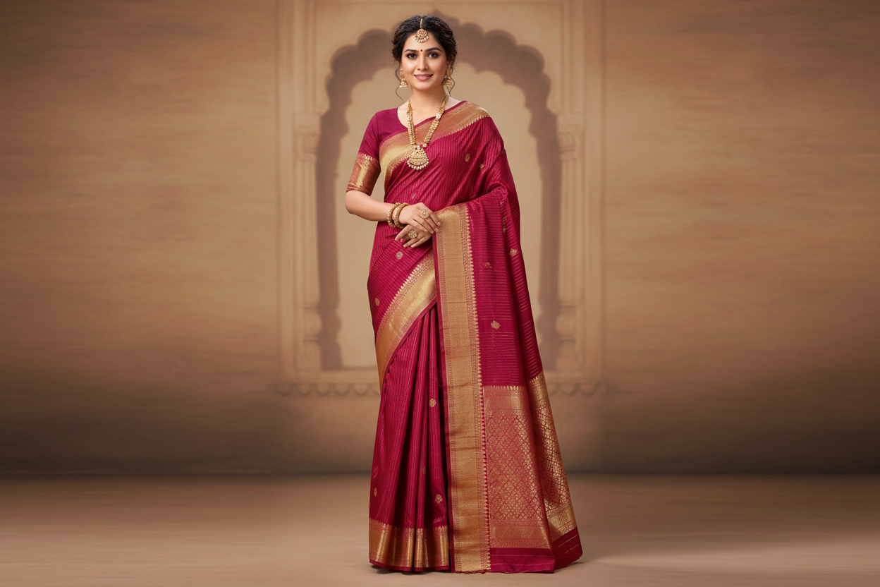 Woman wearing deep magenta silk saree with antique gold zari border