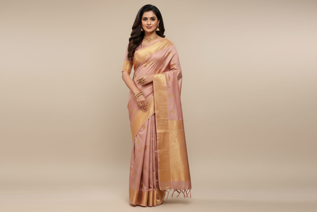 Woman wearing dusty rose pink saree with gold peacock motifs