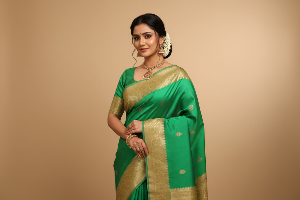 Woman wearing emerald green saree with antique gold zari border