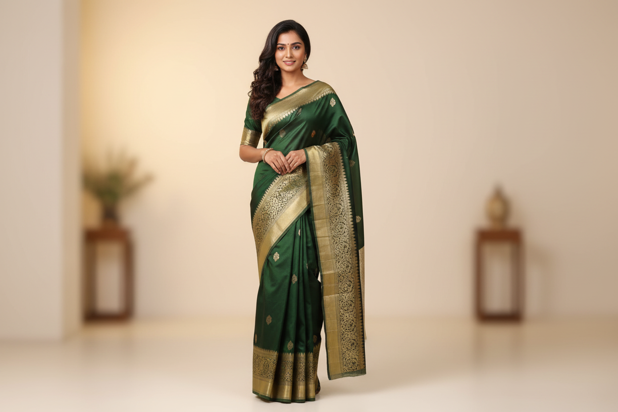 Woman wearing forest green silk saree with cream beige gold zari border
