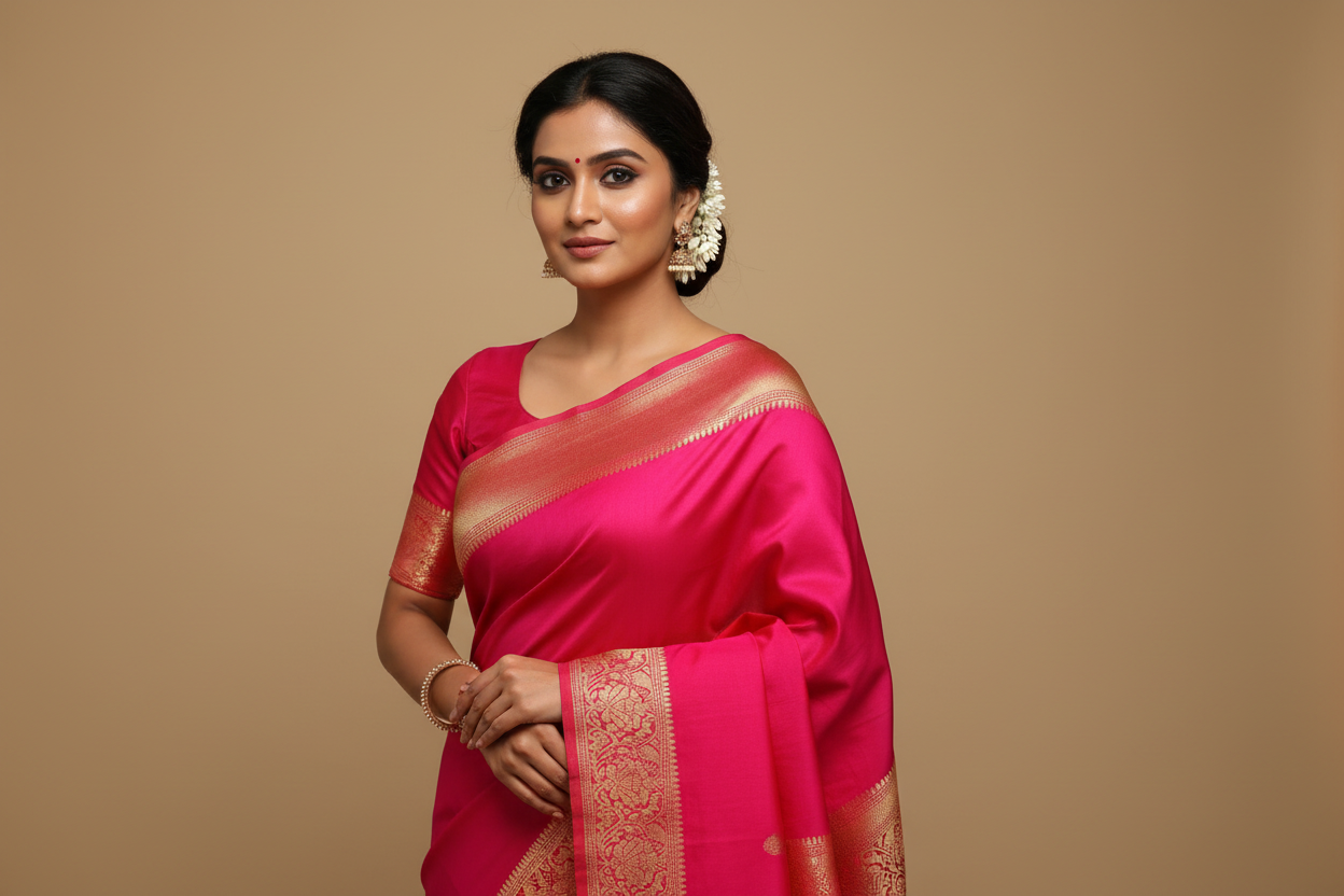 Woman wearing hot pink fuchsia saree with antique gold floral zari border