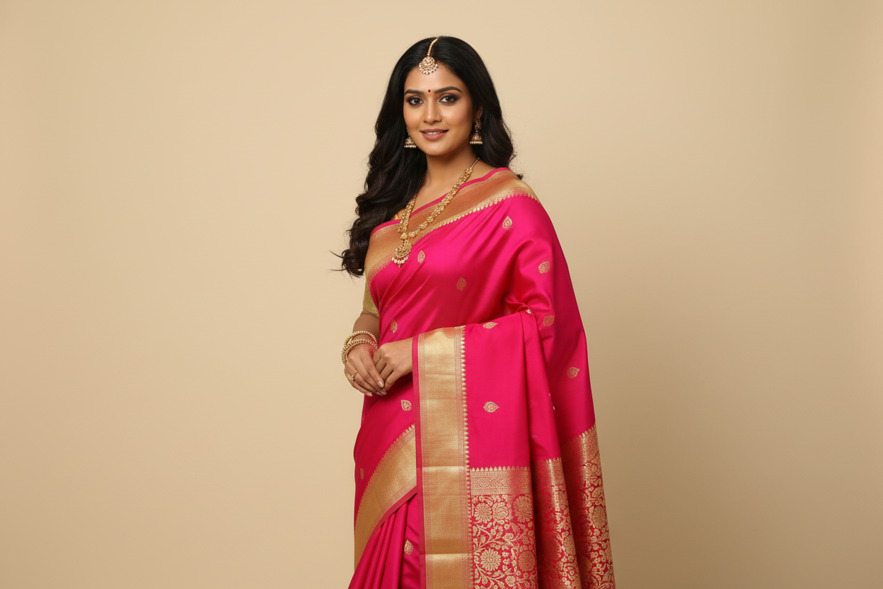 Woman wearing hot pink fuchsia saree with antique gold zari border and pallu