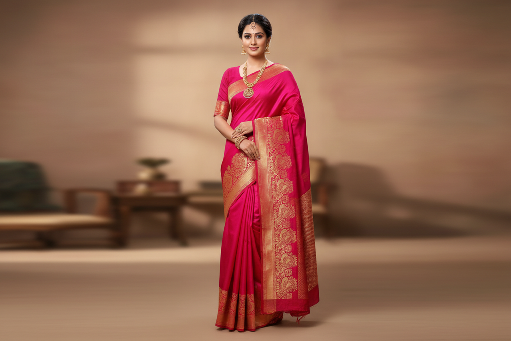 Woman wearing hot pink fuchsia saree with red gold peacock zari border