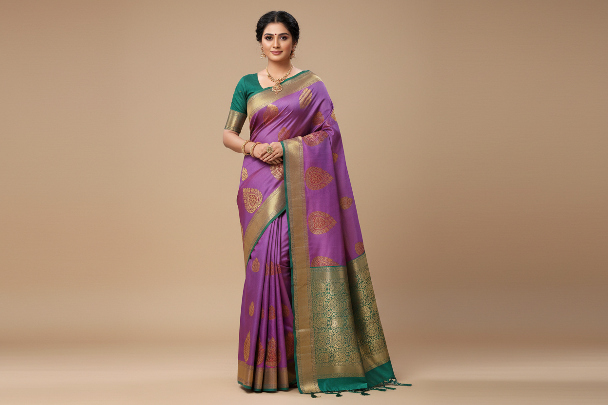 Woman wearing lavender purple saree with teal green heavy gold zari border