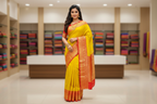 Woman wearing lemon yellow silk saree with red gold zari temple border