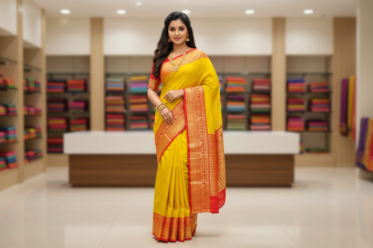 Woman wearing lemon yellow silk saree with red gold zari temple border